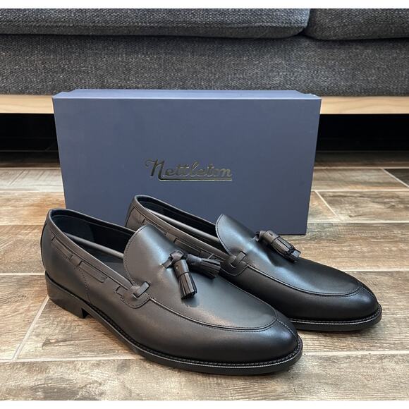 $950 NIB Nettleton Black Leather Almond Toe Tassel Loafers Slip Ons Shoes 13